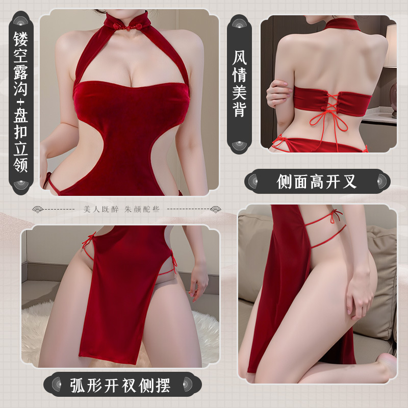 Fei Mu, corte alto, corte, corbata, terciopelo, cheongsam retro, coqueteo, glúteos, sin tentación, lencería sexy ZY6701