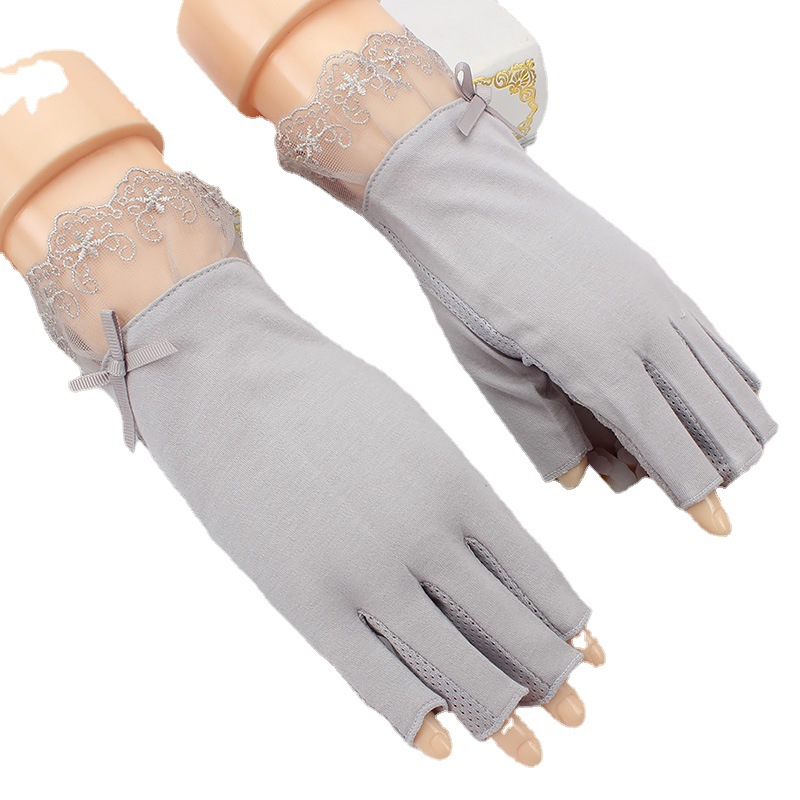 Verano medio dedo protección solar guantes mujeres delgadas ciclismo protección solar protección UV conducción encaje dedo abierto al por mayor