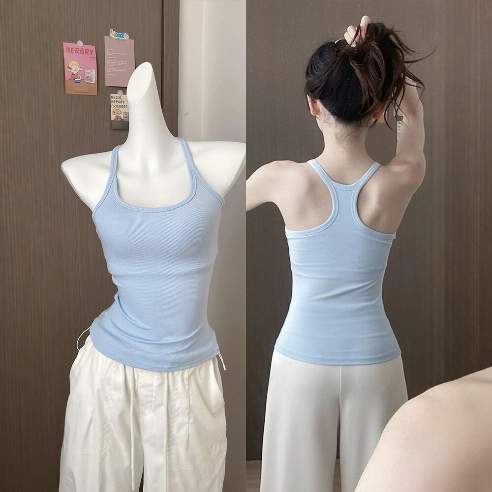 Korean style halter top with padded bra, perfect for layering, preventing wardrobe malfunctions, concealing underarm fat, and worn as outerwear.
