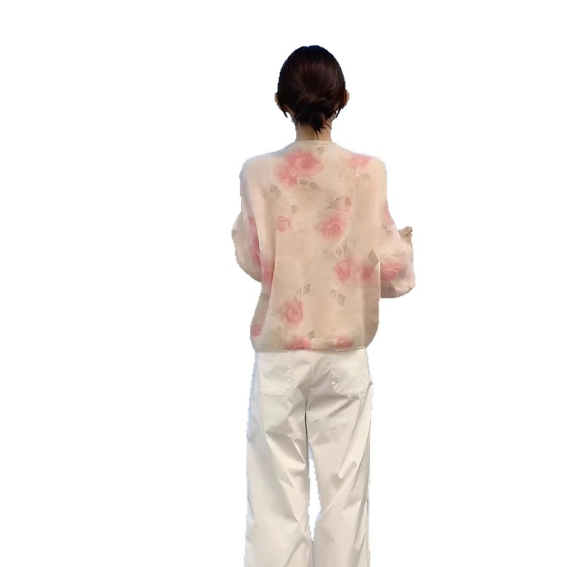 法式浪漫粉色印花海马毛毛衣女2025秋季新款慵懒风软糯圆领开衫潮|undefined