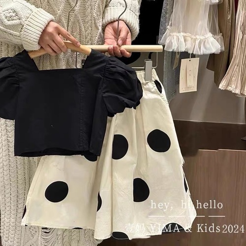 Fashionable Set for Girls - Summer 2025, Bohemian Audrey Hepburn Style, Bubble Sleeve Top and Polka Dot Skirt Pants Two-Piece Set