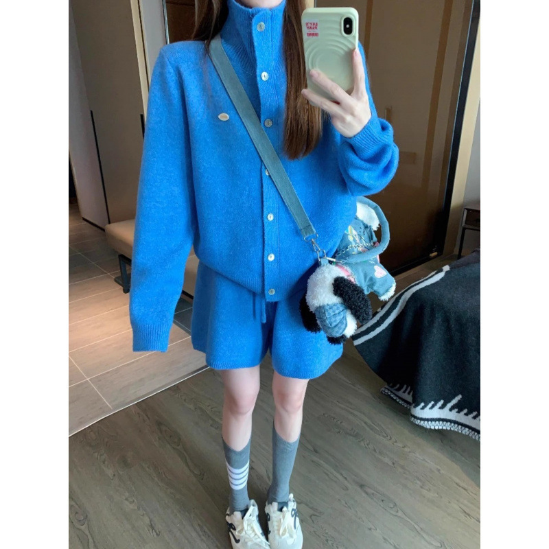 Ys Korean Autumn and Winter Retro Casual Klein Blue Long-Sleeved Sweater Jacket + Versatile Knitted Shorts Two-Piece Set for Women