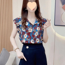 复古时尚花色衬衫女港风雪纺上衣夏季小个子宽松小衫休闲短袖衬衣