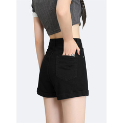 女性用ブラックデニムショートパンツ2025新しいホットスタイル夏薄いハイウエストAライン小さなカールホットパンツ
