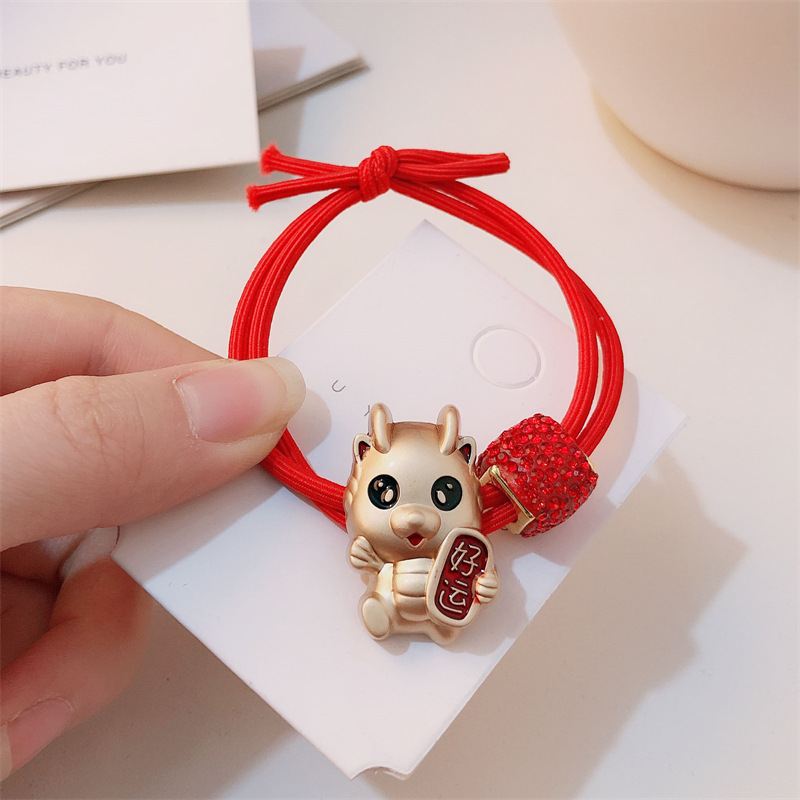 Año del Dragón Zodiaco de alta sensación metal rojo Año Nuevo anillo de cabello de alta altura cuerda elástica cuerda de cabello festiva adornos para el cabello