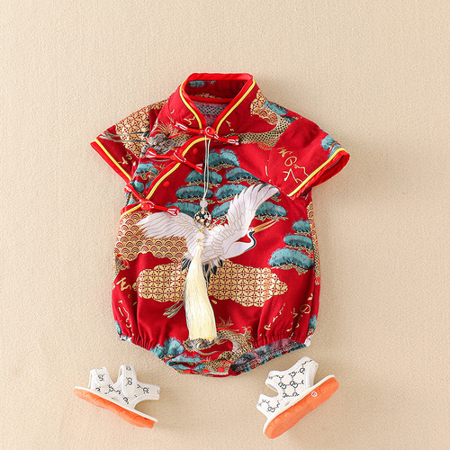 Baby summer dress Chinese style cheongsam baby girl retro crane pine short-sleeved fart coat newborn triangle jumpsuit