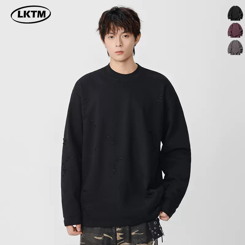 LKTM男装 美式高街刀割破洞长袖T恤男潮牌嘻哈肌理感休闲打底上衣