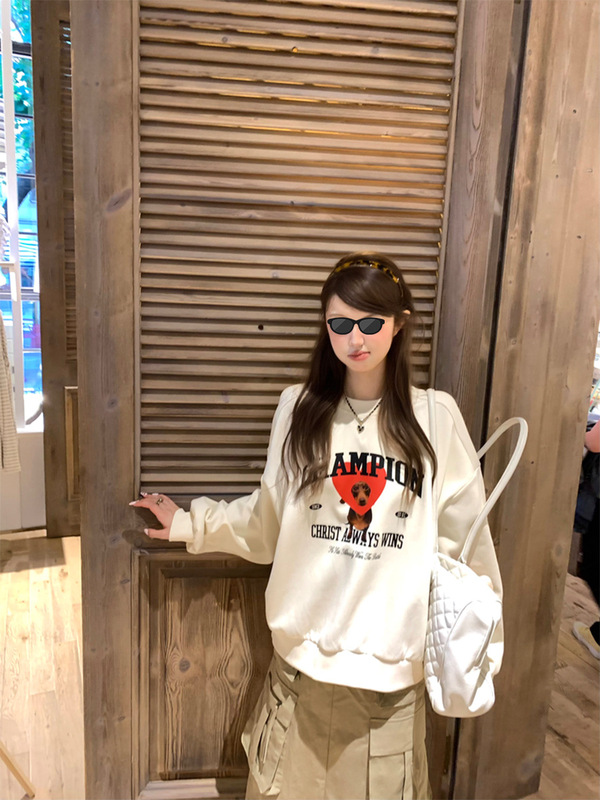 aaaaxbbb LA漫步 小狗爱心印花卫衣oversize宽松设计感长袖上衣女|undefined