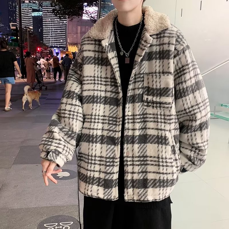 Chaqueta de lana a cuadros de otoño e invierno de todo fósforo para hombres, chaqueta corta retro casual, hermosa y suelta, chaqueta estilo Hong Kong de la marca de moda ins