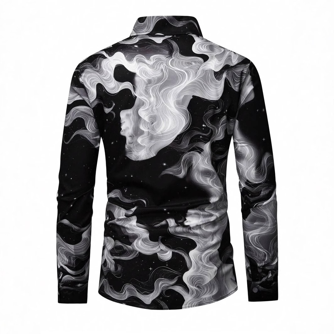 Arte abstracto 3D impresión digital primavera y otoño de los hombres calle alta ancho ancho suelto hombro de manga larga solapa botón camisa en stock