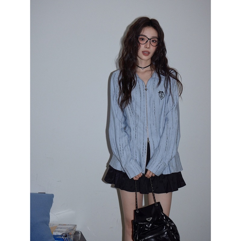 Chaoshaojia Light Blue Polo Collar Double-Ended Zipper Shirt for Women 2025 Autumn New Loose Long-Sleeved Outer Top for Women