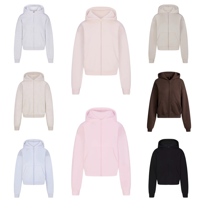 High-Quality Matching Skims Kardashian 25 Autumn and Winter New Light Pink Velvet Hooded Zipper Sweatshirt