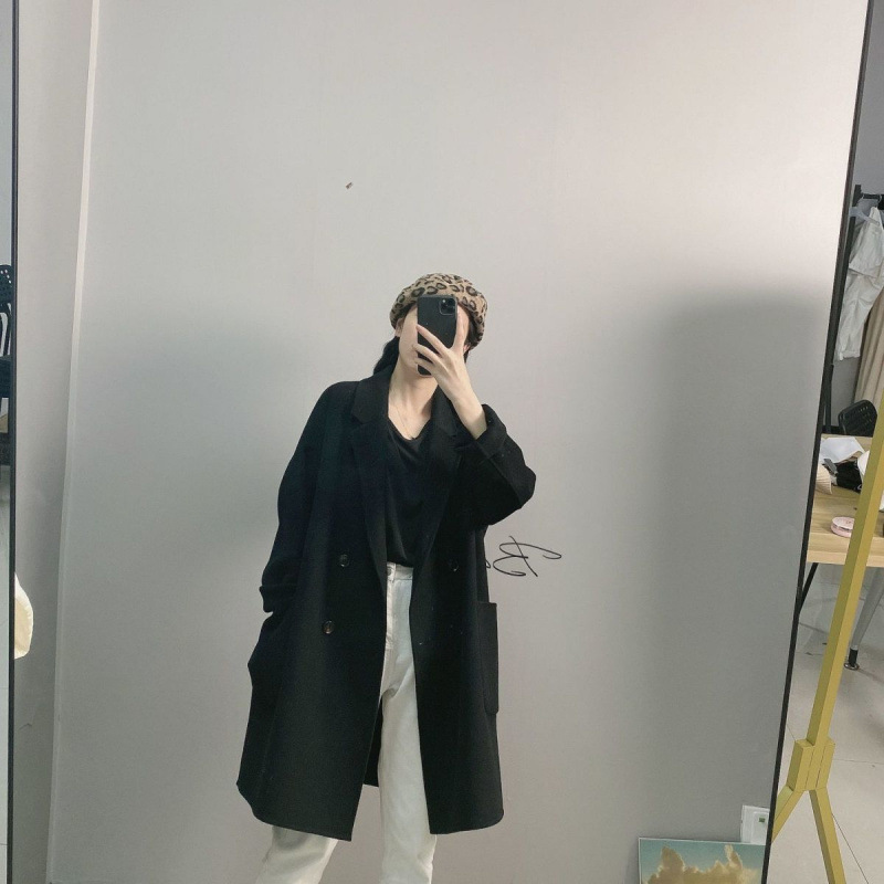 秋冬高级感双面羊毛中长款大衣外套女韩版宽松西装领毛呢百搭女装|undefined