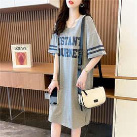 欧版大码女装短袖V领T恤裙2022夏季新款胖MM懒惰风长款上衣体恤潮