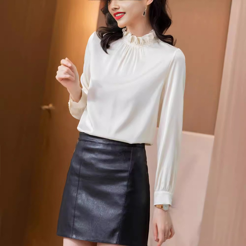 Hangzhou Silk Shirt for Women, Long-Sleeved, 2026 New Model, Spring and Autumn, Stand-Up Collar, Ruffled Lace Collar, Elegant Mulberry Silk Blouse