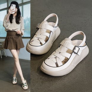 First-Layer Cowhide Sandals for Women 2025 Summer New Thick-Soled Casual Versatile Genuine Leather Breathable Outer Wear Cut Out White Shoes