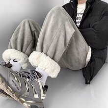 冬季新款麂皮羊羔绒裤子男加绒卫裤加厚束脚保暖宽松休闲裤男长裤