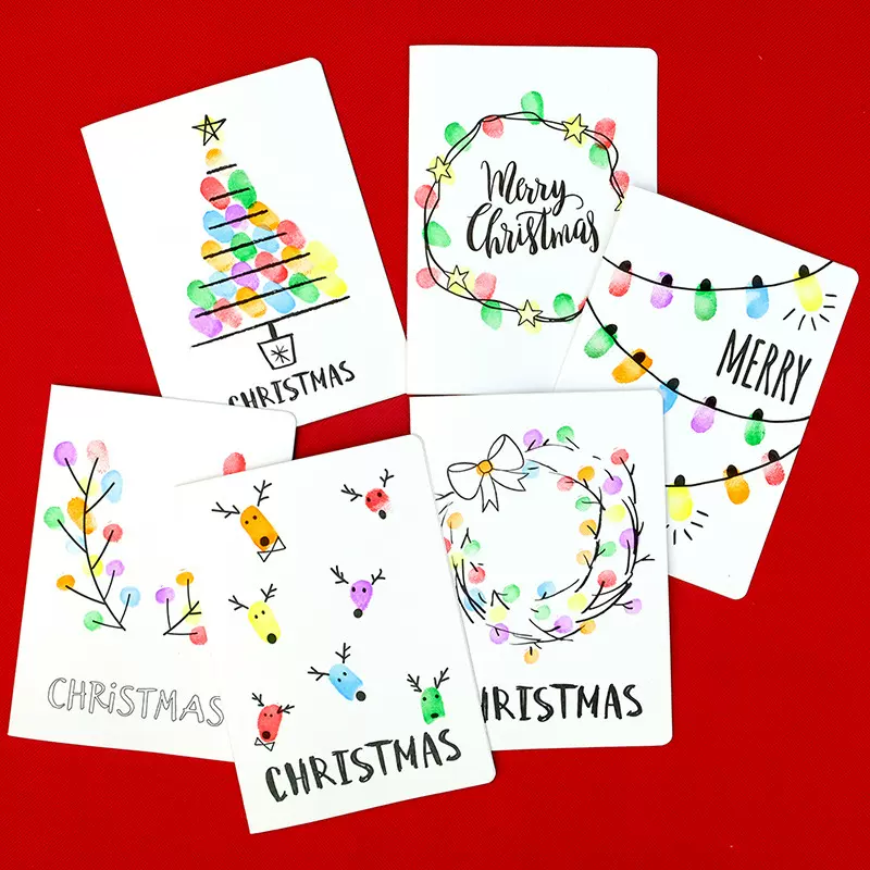 6张套装儿童亲子DIY手指画材料包手工圣诞贺卡指纹画圣诞节卡片