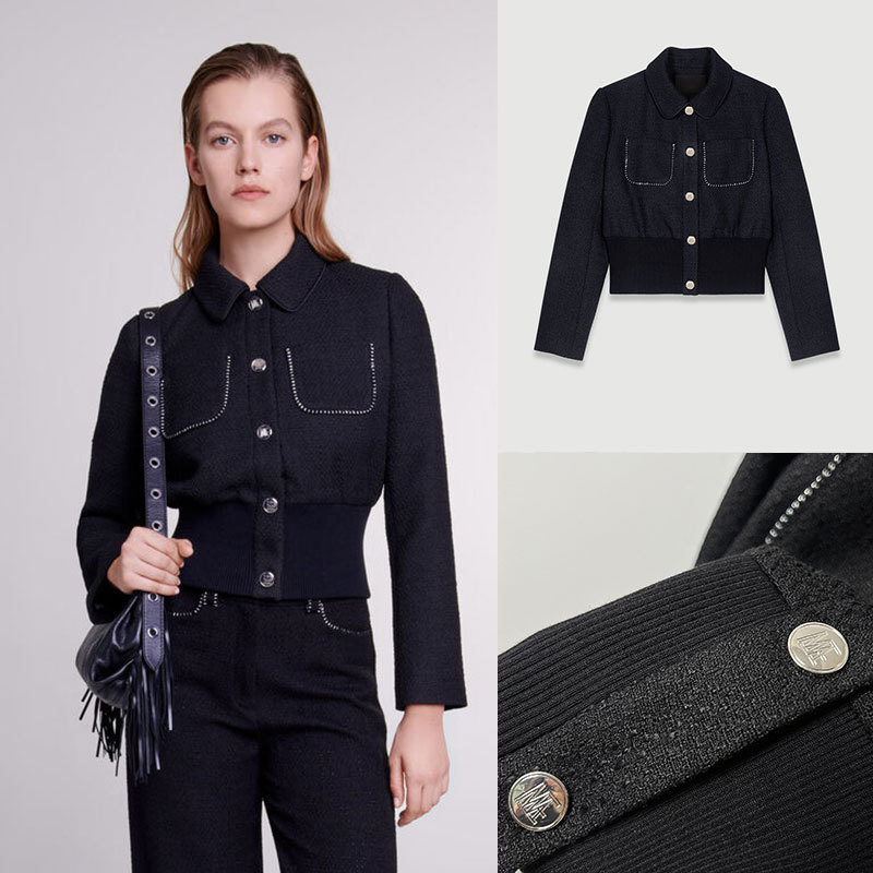 HOUSE 24 spring and summer new chain edge tweed letter button single-breasted waist tight jacket short coat