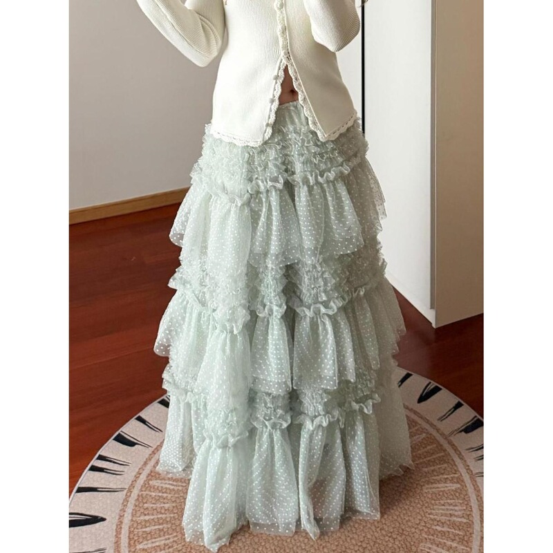 Korean-Style Retro Design Sweet Ruffled Mesh Skirt 2026 New Heavy-Duty Polka Dot Cake Skirt High-Waisted Long Skirt Korean-Style Retro Design Sweet Ruffled Mesh Skirt 2026 New Heavy-Duty Polka Dot Cake Skirt High-Waisted Long Skirt