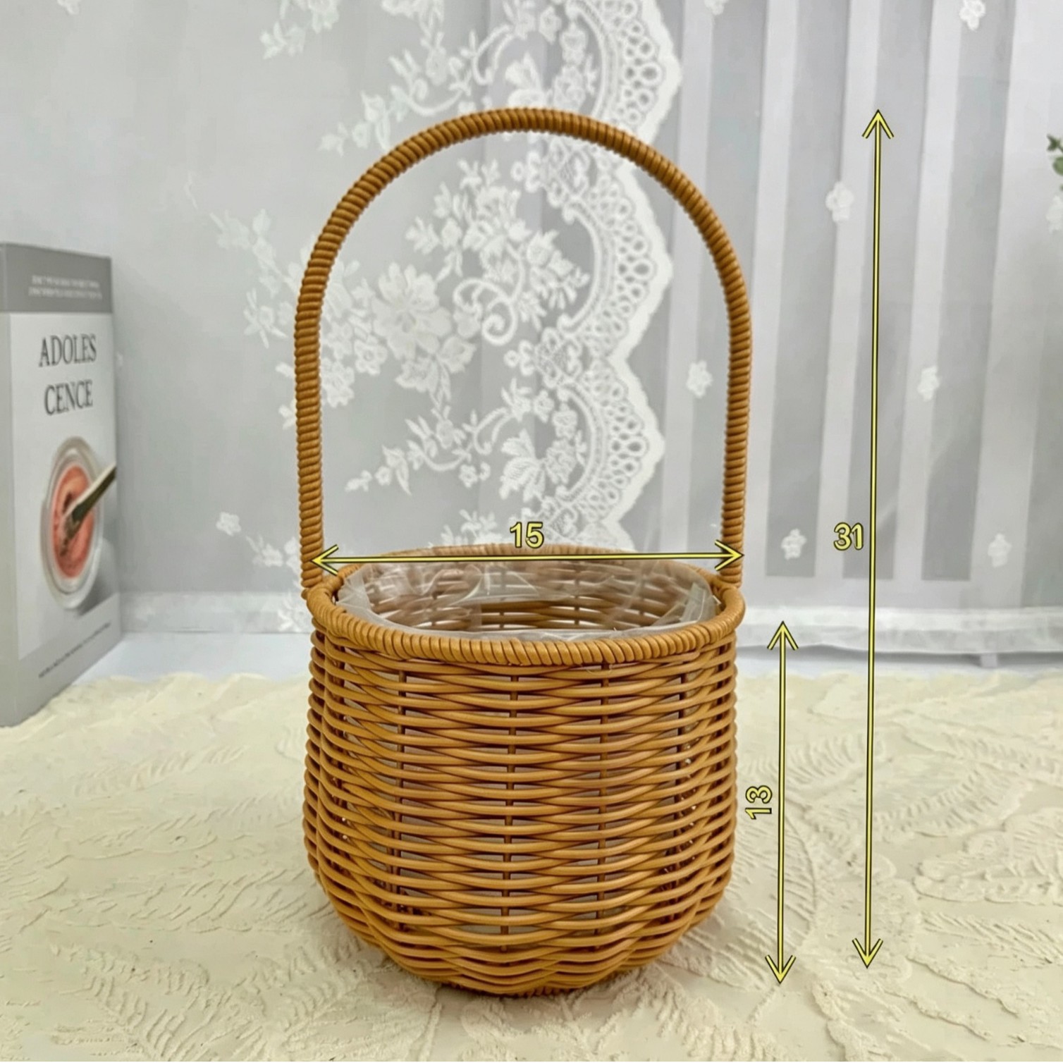 Imitación de mimbre arreglos florales portátiles tejidos a mano cestas de flores decoración sala de estar cestas pastorales con regalos empaquetando cestas de flores image 38