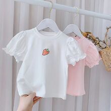 厂家童装批发女童新款夏装短袖草莓T桖缩边袖袖可爱童装弹力短袖