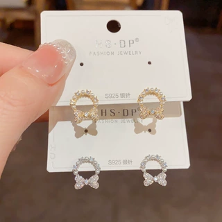 日韩气质时尚锆石珍珠蝴蝶结圆环耳钉女精致小巧百搭超闪耳环批发