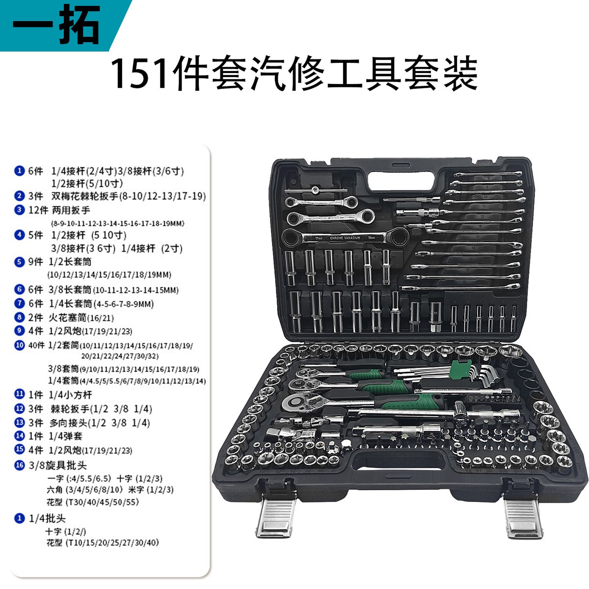 46-Piece Chrome Vanadium Steel Socket Tool Set, Black 151-Piece Repair Tool Set, 216-Piece Auto Repair Set