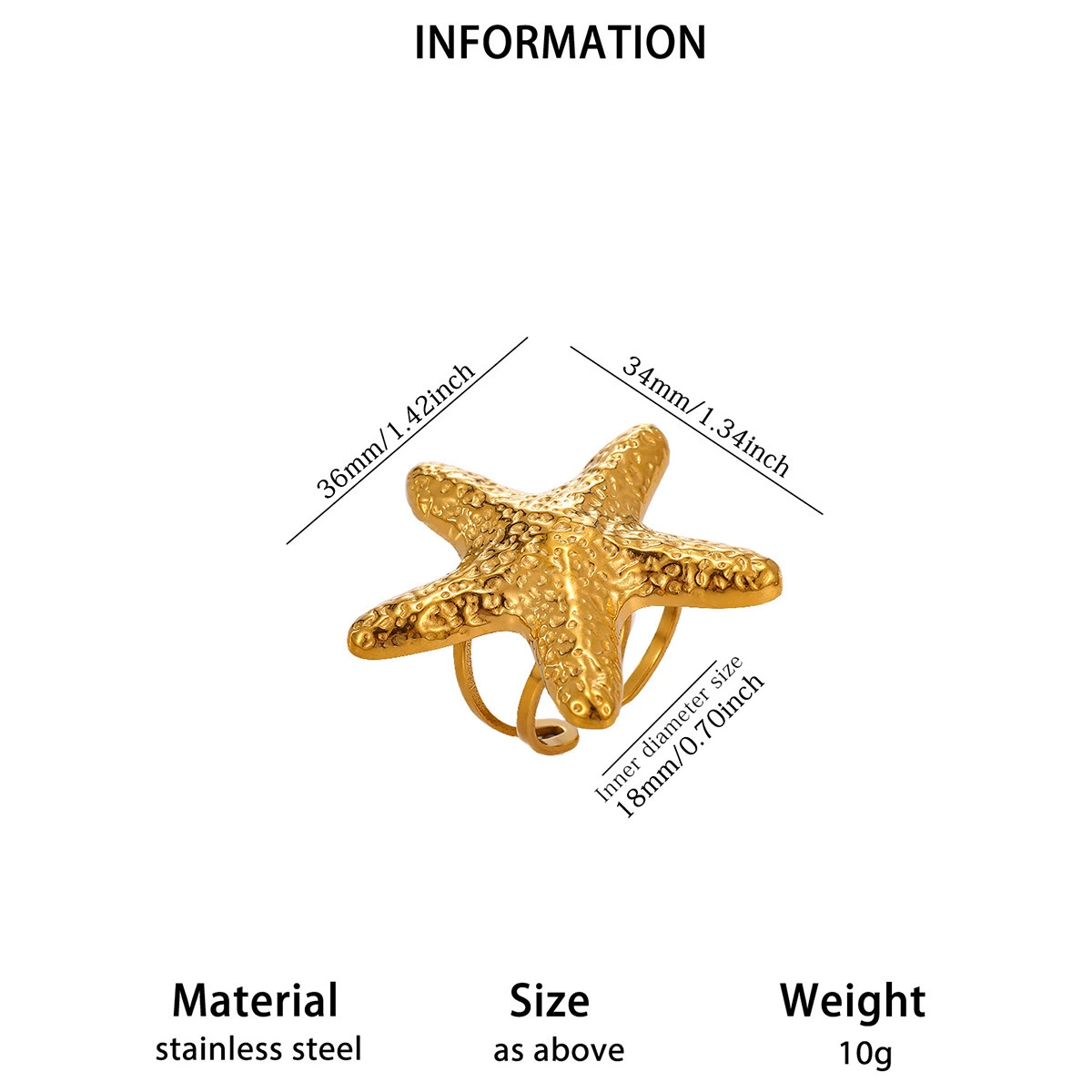 Adjustable Marine Shell Ring, Gold-Plated Beach Accessory, One Size (0.005 kg)