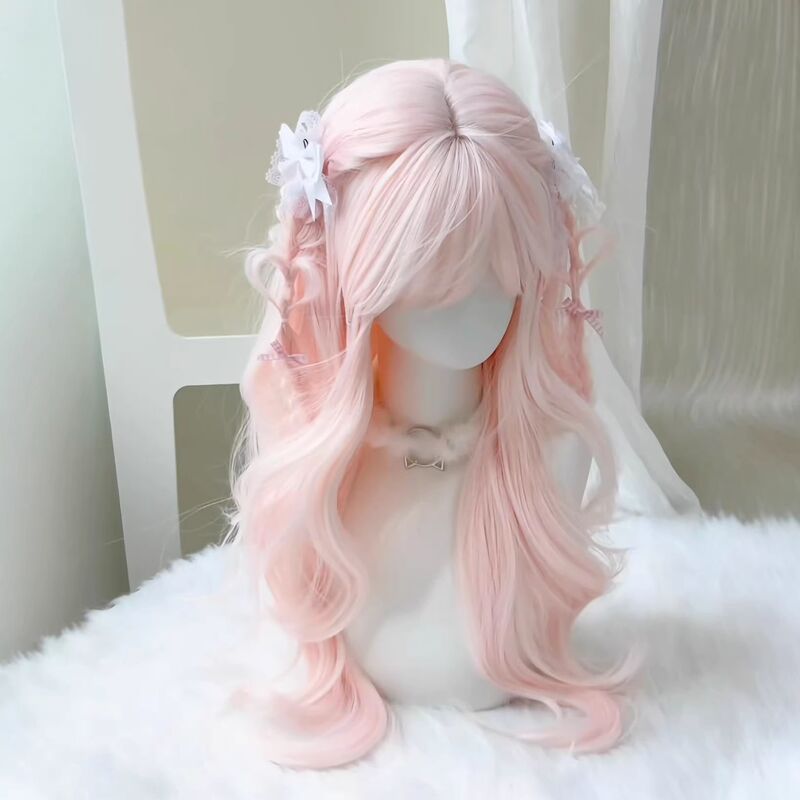 Wig for Women with Bangs, Long Curly Hair, Light Pink Cherry Blossom Color, Lolita Style, Realistic Full Head Wig