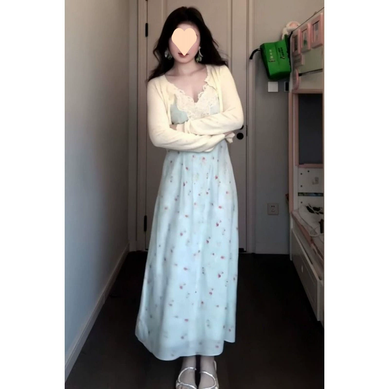 Плюс размер, французская милая кружевная юбка на подтяжках с цветочным принтом, женская летняя юбка 2025, новая элегантная длинная юбка с облегающей талией