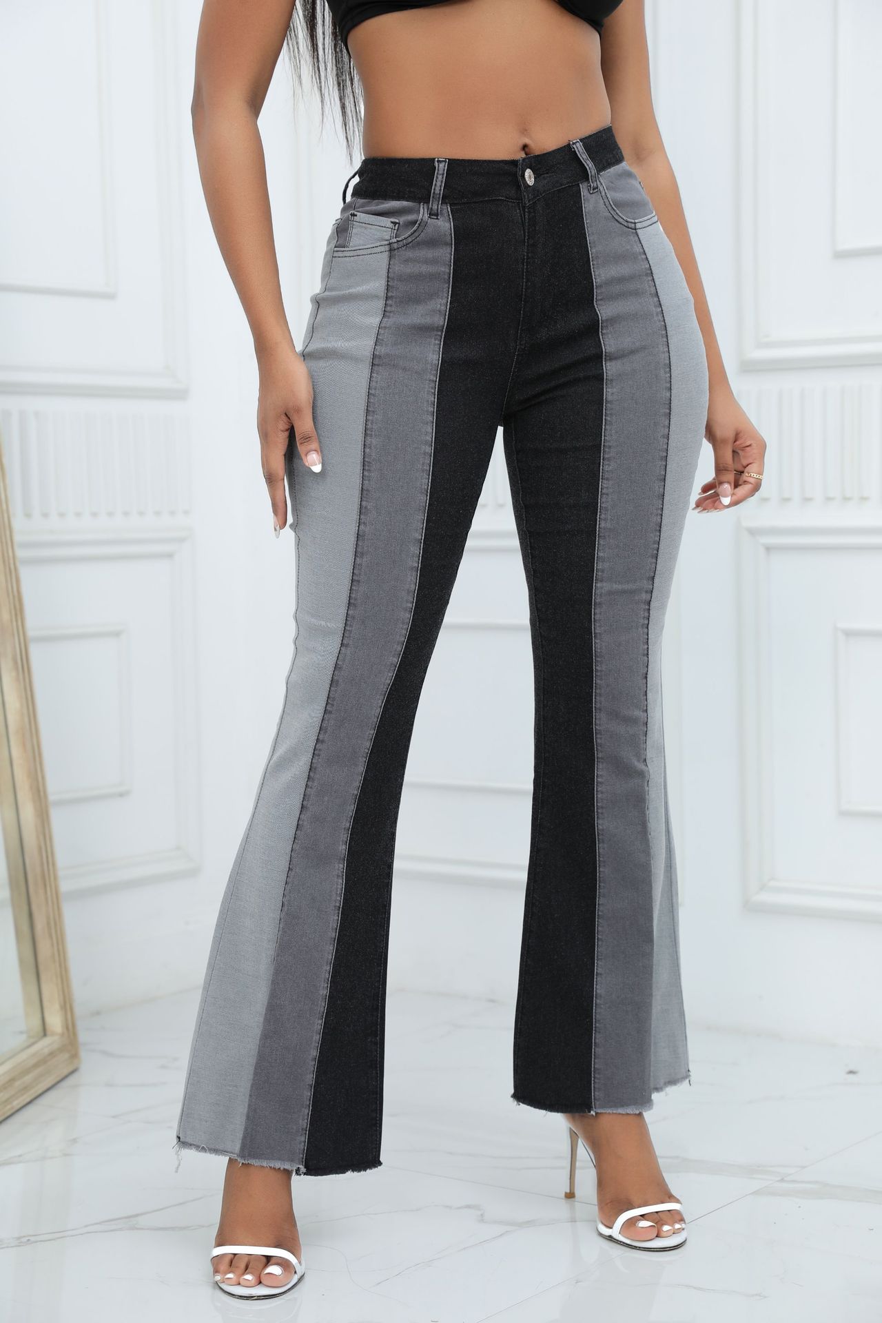 Women's Daily Casual Streetwear Color Block Full Length Contrast Binding Flared Pants Jeans display picture 12