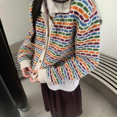 韩国复古彩虹条纹POLO领针织开衫女秋冬新款宽松减龄洋气毛衣外套