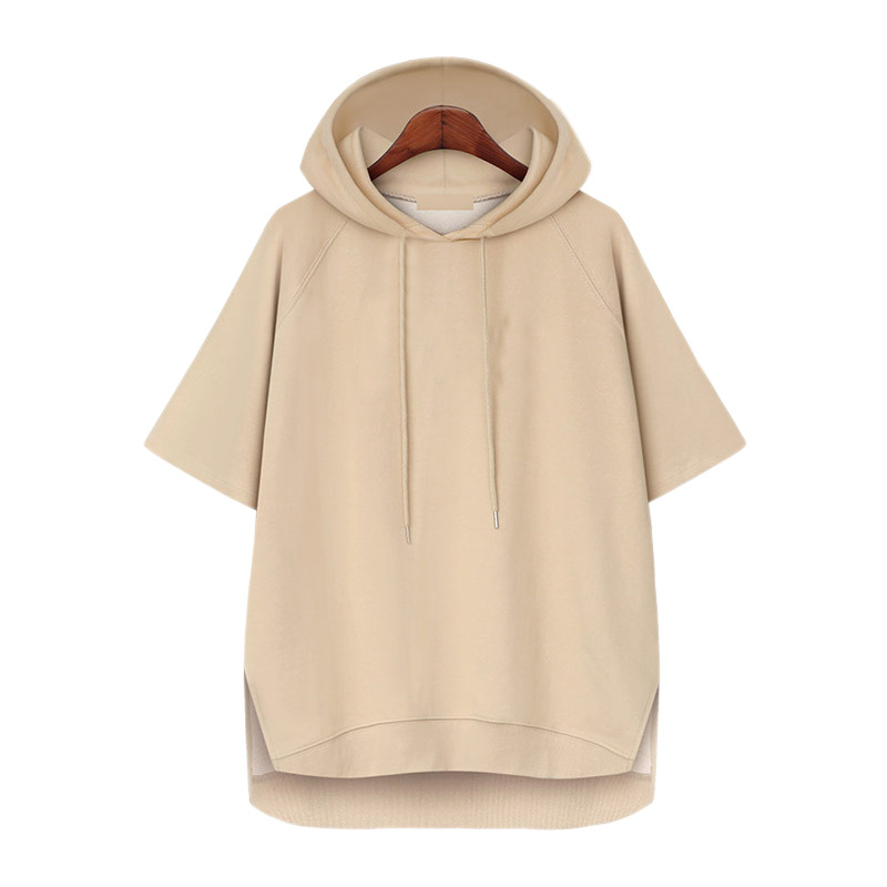 Estilo coreano color sólido simple verano cordón camiseta verano Mujer suéter con capucha manga corta suelta split 200kg Campus Todo a juego
