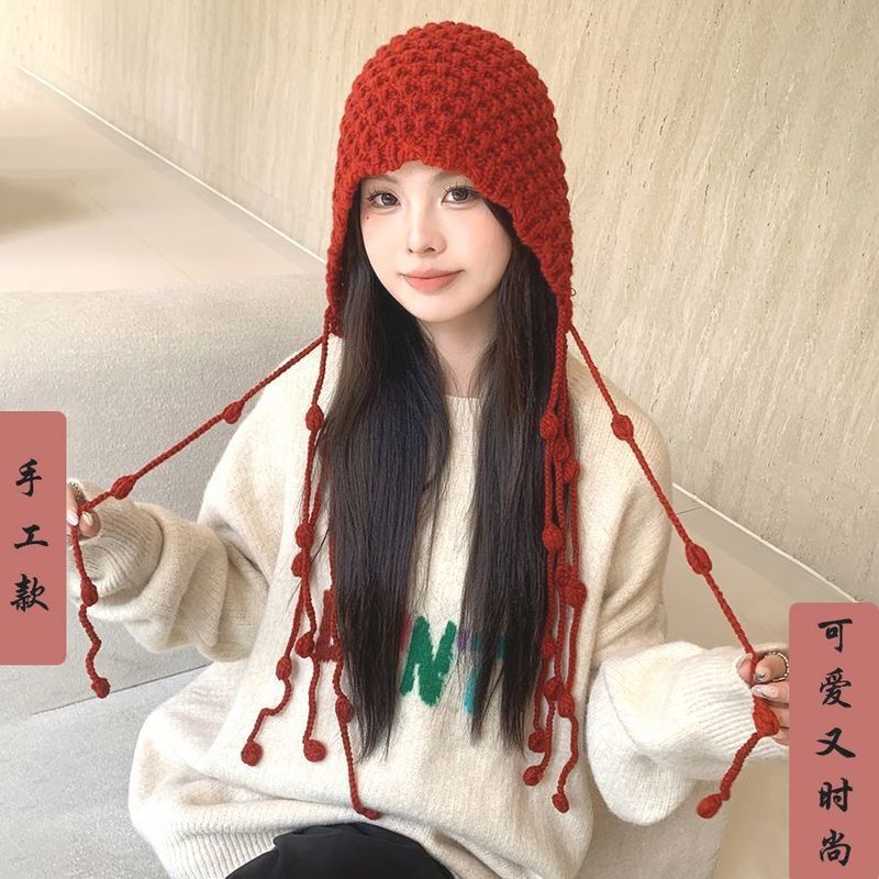手工编织款流苏球球帽加厚保暖包头帽女冬天护耳绑带帽针织毛线帽|undefined
