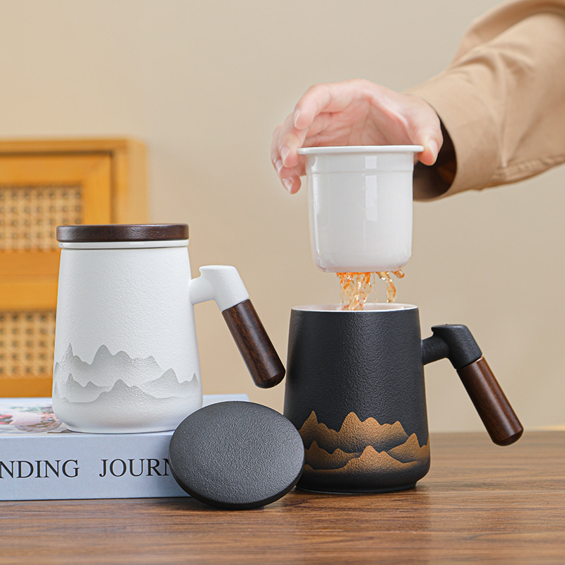 国潮风水墨远山陶瓷马克杯木柄内胆泡茶杯茶水分离杯礼盒装