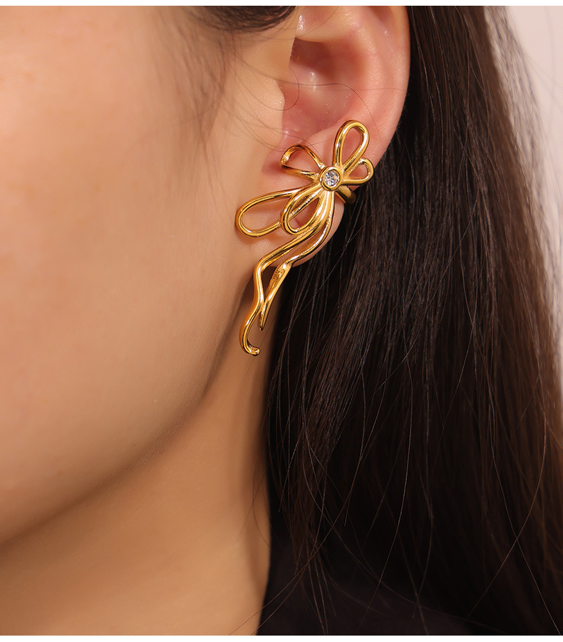 PVD Coated Gold Plating Process 304 Stainless Steel Ear Needle Material Real Gold Plated Plating Material PVD Coated Real Gold Plated Bow Knot Titanium Steel IG Style Simple Style Waterproof Non Tarnish Ear Cuffs