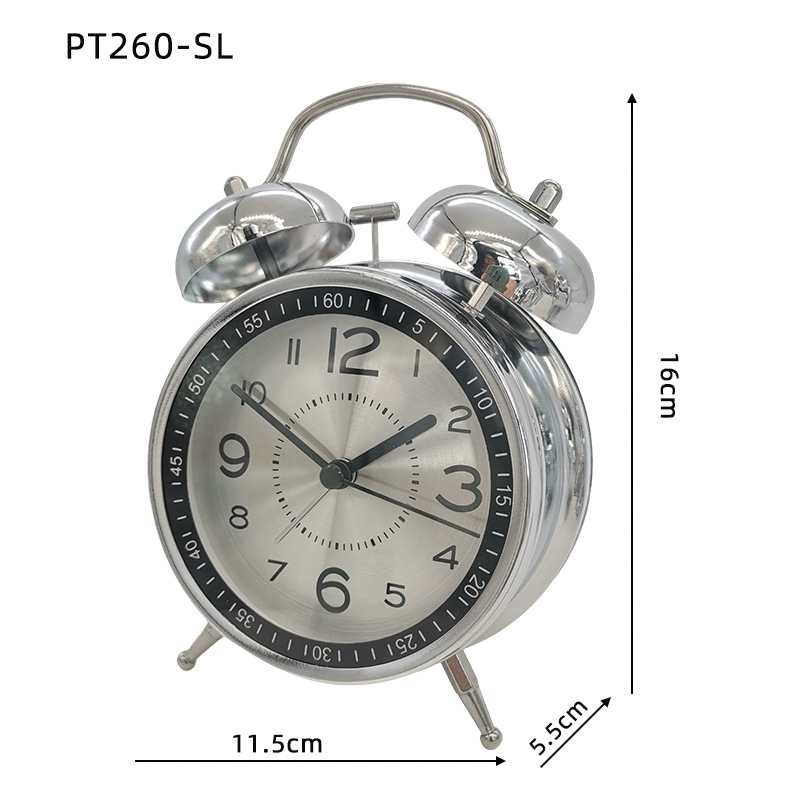 4寸金属打铃钟表面刻度电镀闹钟 双铃静音带灯铝面