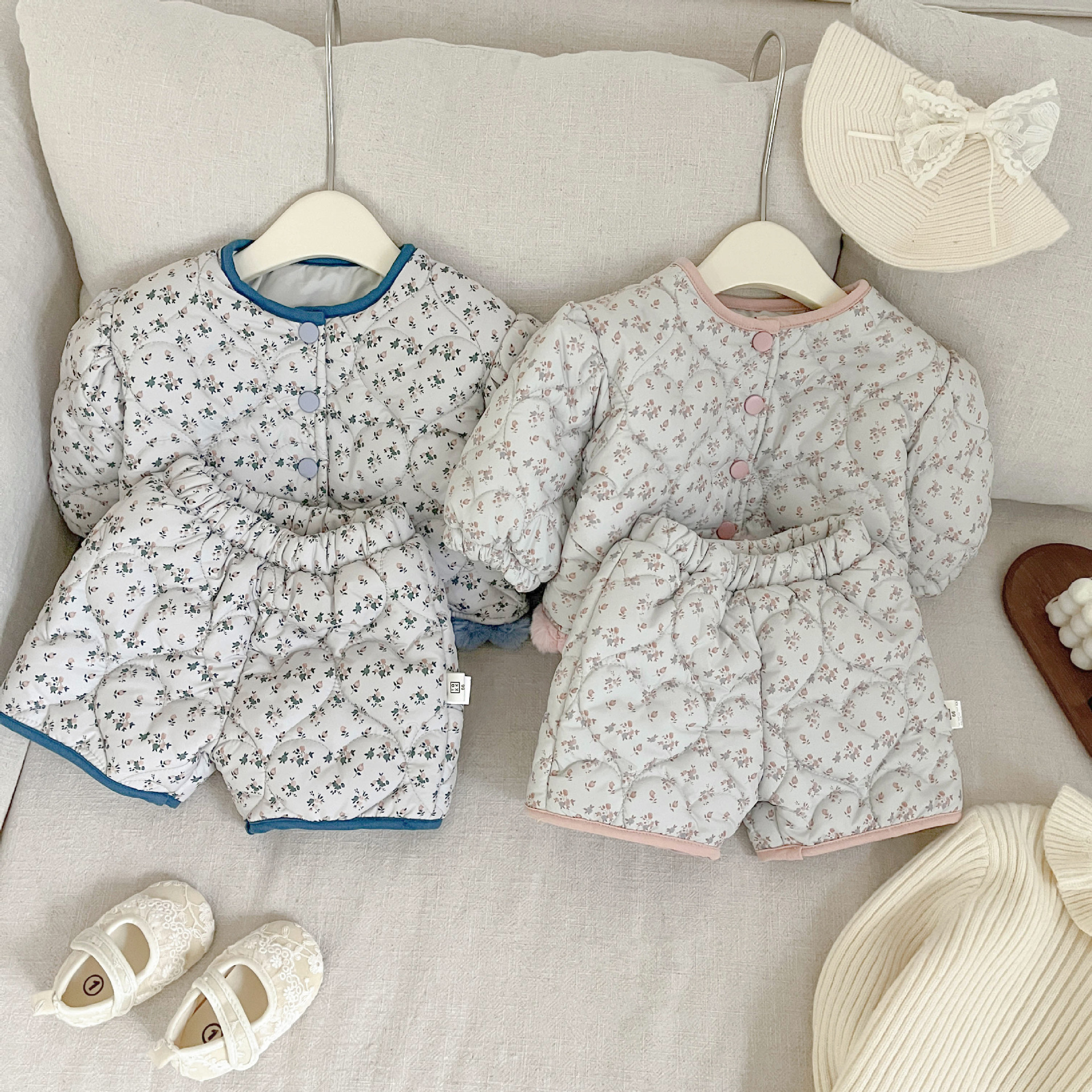 옷 겨울 새로운 꽃 두꺼운 최고 바지  가을 및 겨울 코튼 세트 서양식 따뜻한 코튼 코트