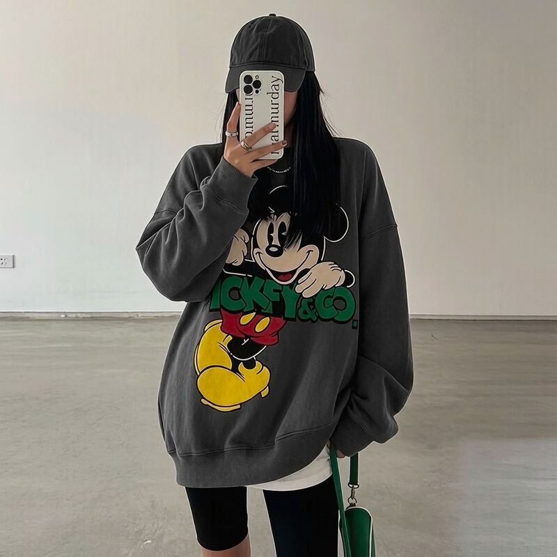 Cross-border cartoon Mickey long-sleeved thin crew-neck sweatshirt for women, new autumn/winter style, loose fit, plus size, cute printed top Cross-border cartoon Mickey long-sleeved thin crew-neck sweatshirt for women, new autumn/winter style, loose fit, plus size, cute printed top