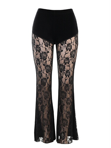 Solid color lace patchwork mesh pants women's solid color lace stitching mesh pants