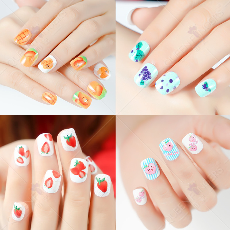 Procesamiento personalizado de manicuría de tira de uñas para niños verano de dibujos animados frutas parches de uñas falsas desmontables de uñas