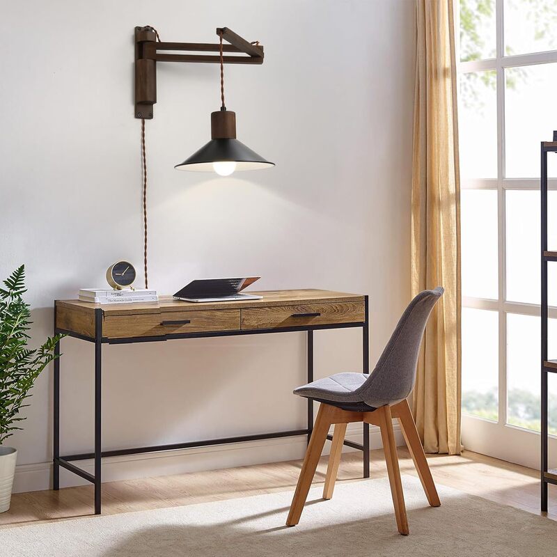 Wood Plug Wall Lamp, Swing Arm Wall Lamp, with Dimmable Switch, Retro Wall Mounted Light Fixture with Wire, Suitable