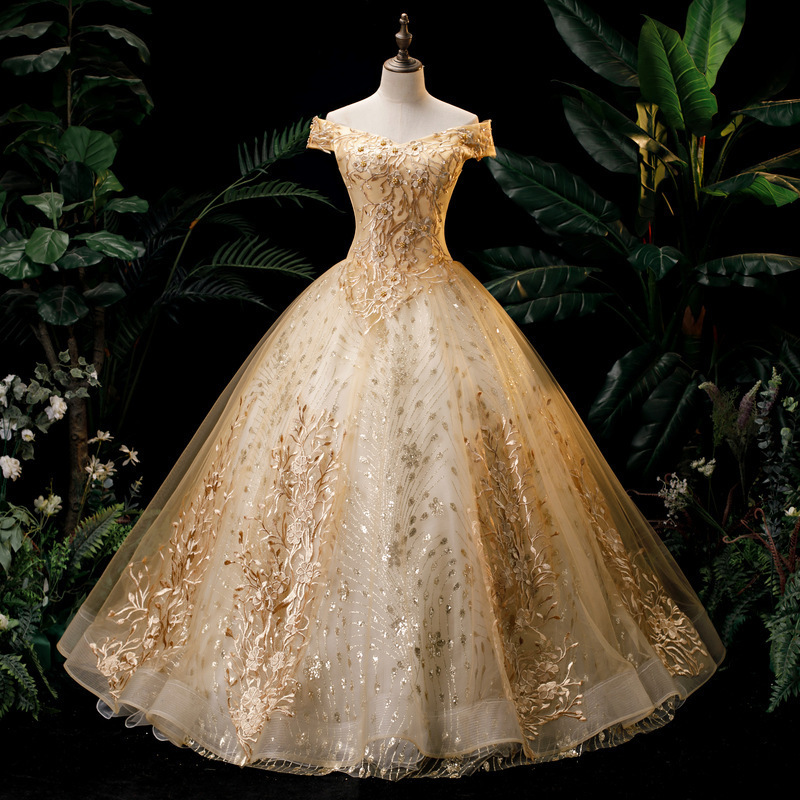 European and American Evening Dress for Women Cross-Border Solo Performance Clothing Tutu Skirt Long Annual Meeting Host Golden Amazon Dress European and American Evening Dress for Women Cross-Border Solo Performance Clothing Tutu Skirt Long Annual Meeting Host Golden Amazon Dress