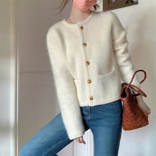 Xiaoxiangfeng short front shoulder imitation mink knitted cardigan sweater women's spring and autumn lazy style casual jacket top