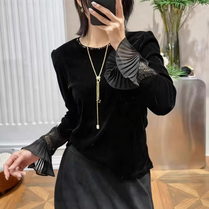2025秋季新款时尚圆领宽松显瘦百搭喇叭袖蕾丝拼丝绒打底衫上衣女|undefined