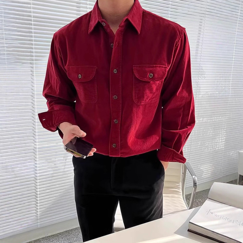 American Retro Corduroy Long-Sleeve Shirt for Men, Autumn and Winter Hong Kong Style New Year Festive Turn-Down Double Pocket Shirt Jacket