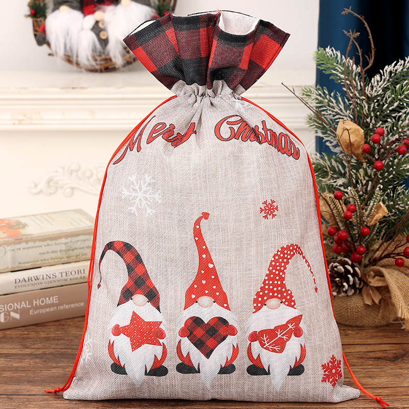 Cross-border Christmas decoration plaid-edged cartoon storage bag linen forest old man gift bag Christmas atmosphere