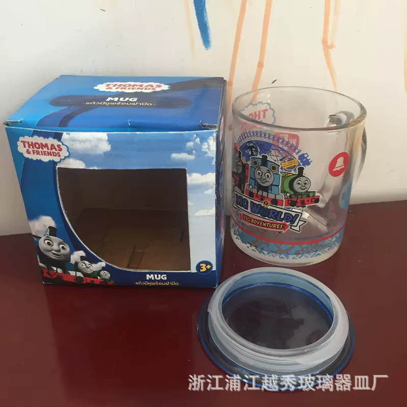 厂家直销外贸广告杯大马克烤花贴花带手柄单只彩盖玻璃马克茶杯