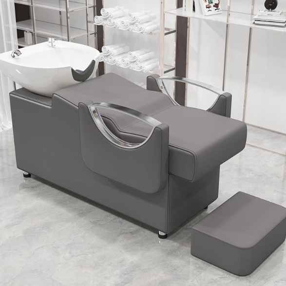 Peluquería Cama de champú Peluquería Masaje especial Terapia de cabeza Lavabo de cerámica Brazalanos de acero inoxidable Cama de champú de peluquería semi-reclinada